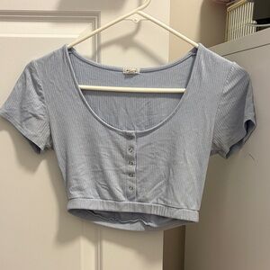 Garage Light Blue Ribbed Scoop Button Crop Top